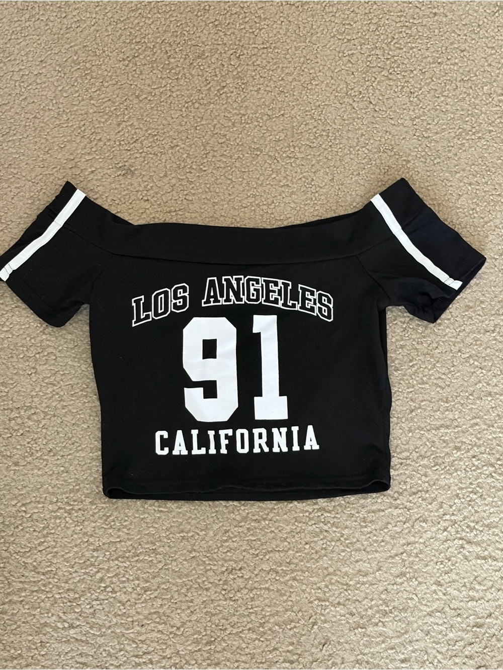 SHEIN Black & White Los Angeles 91 Off-Shoulder Crop Top